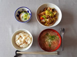 豚肉・白菜・ニンジン・玉ねぎの炒め物、温泉卵、味噌汁。