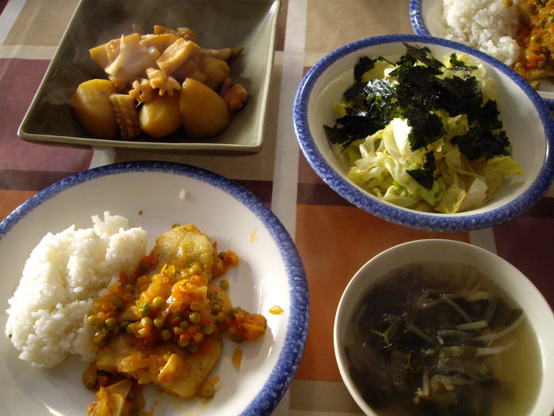 イカ、大根、ジャガイモの煮物、野菜スープ、白身魚のトマトソース和え、韓国風サラダ。