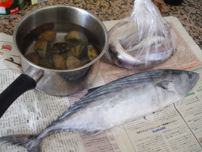 アサリ、小さいカツオ、フライ用の魚。